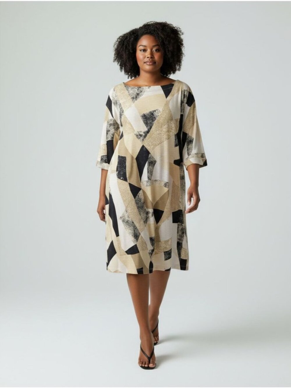 Abstract Geometric Print Midi Dress By Multiples Essentials 3X Relaxed Fit Beige